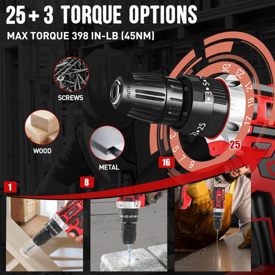 21V Cordless Power Drill Set – Drill Driver Kit with 2 Lithium-Ion Batteries, Charger, 3/8" Keyless Chuck & 32pc Bits | Essentials