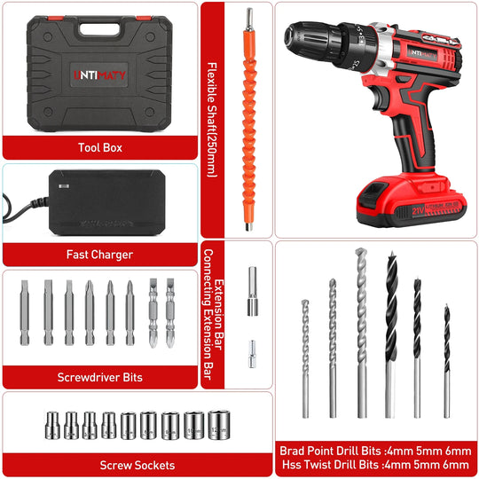 21V Cordless Power Drill Set – Drill Driver Kit with 2 Lithium-Ion Batteries, Charger, 3/8" Keyless Chuck & 32pc Bits | Essentials