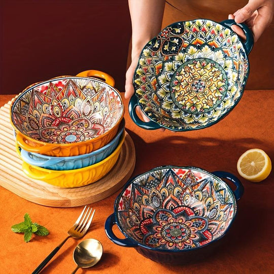 Boho Style Flower Pattern Bowl, Vintage Print Ceramic Soup Bowl, Household Tableware for Kitchen Dining Room