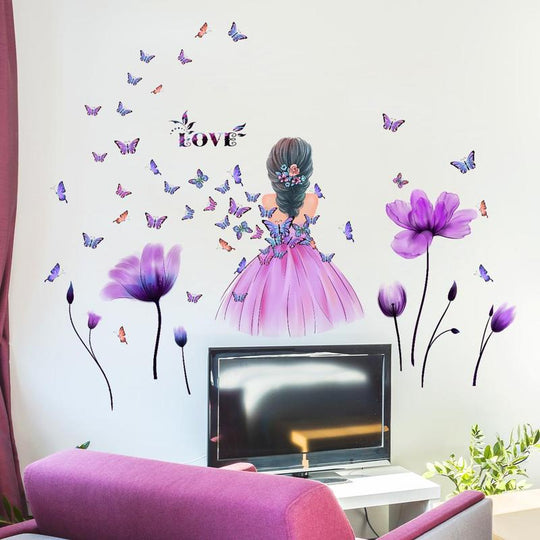 Home Decor Butterfly & Tulip & Girl Pattern Wall Sticker, 4 Counts/Set Girl & Flower Pattern Wall Decal, Wall Decorative Stickers For, Bedroom Decor