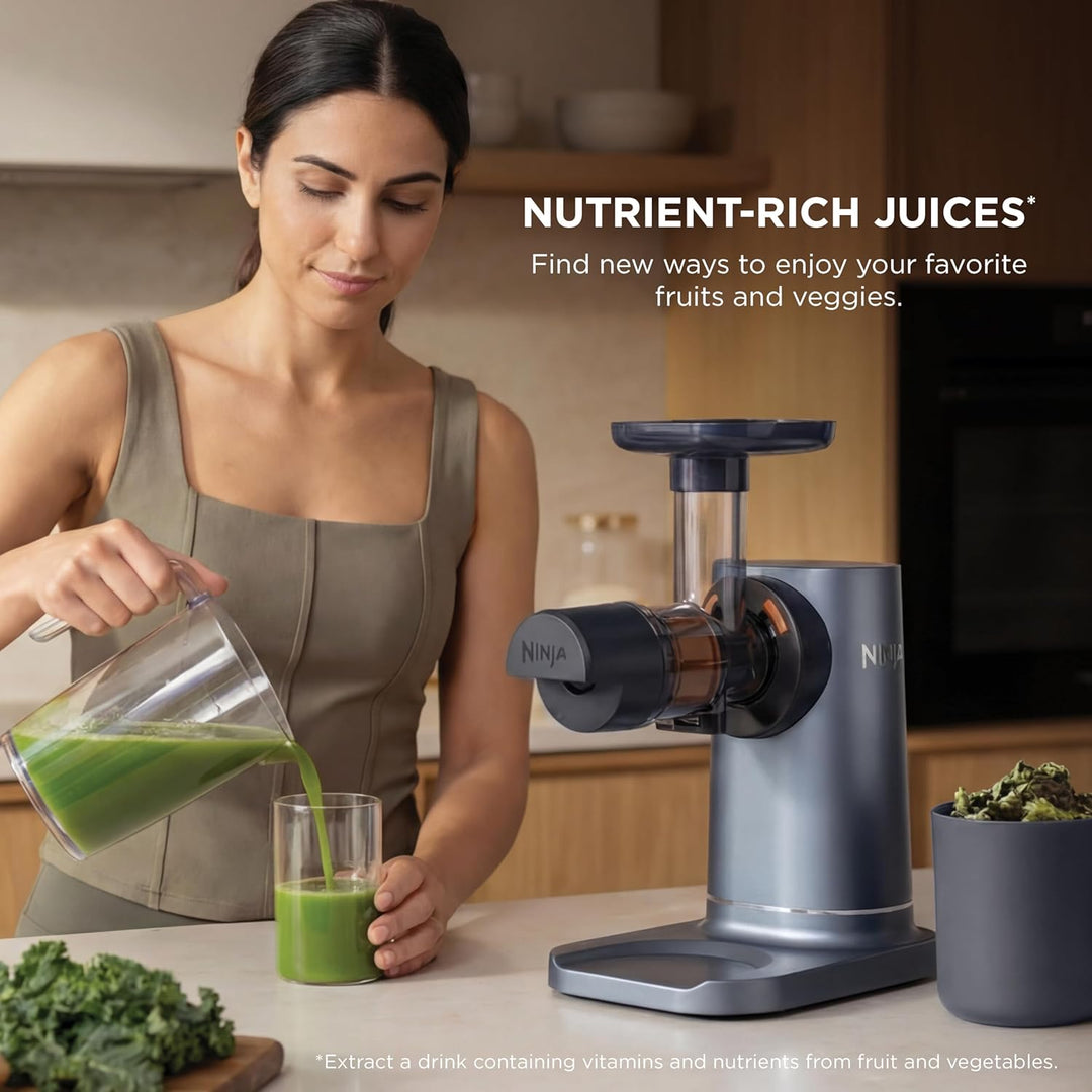 Ninja Neverclog Cold Press Juicer - High-Performance Electric Slow Masticating Juicer with Pulp Control, XL Capacity, 24 oz Juice Jug, 36 oz Pulp Container, Dishwasher Safe, Navy, 150W, Model JC151NV | Essentials