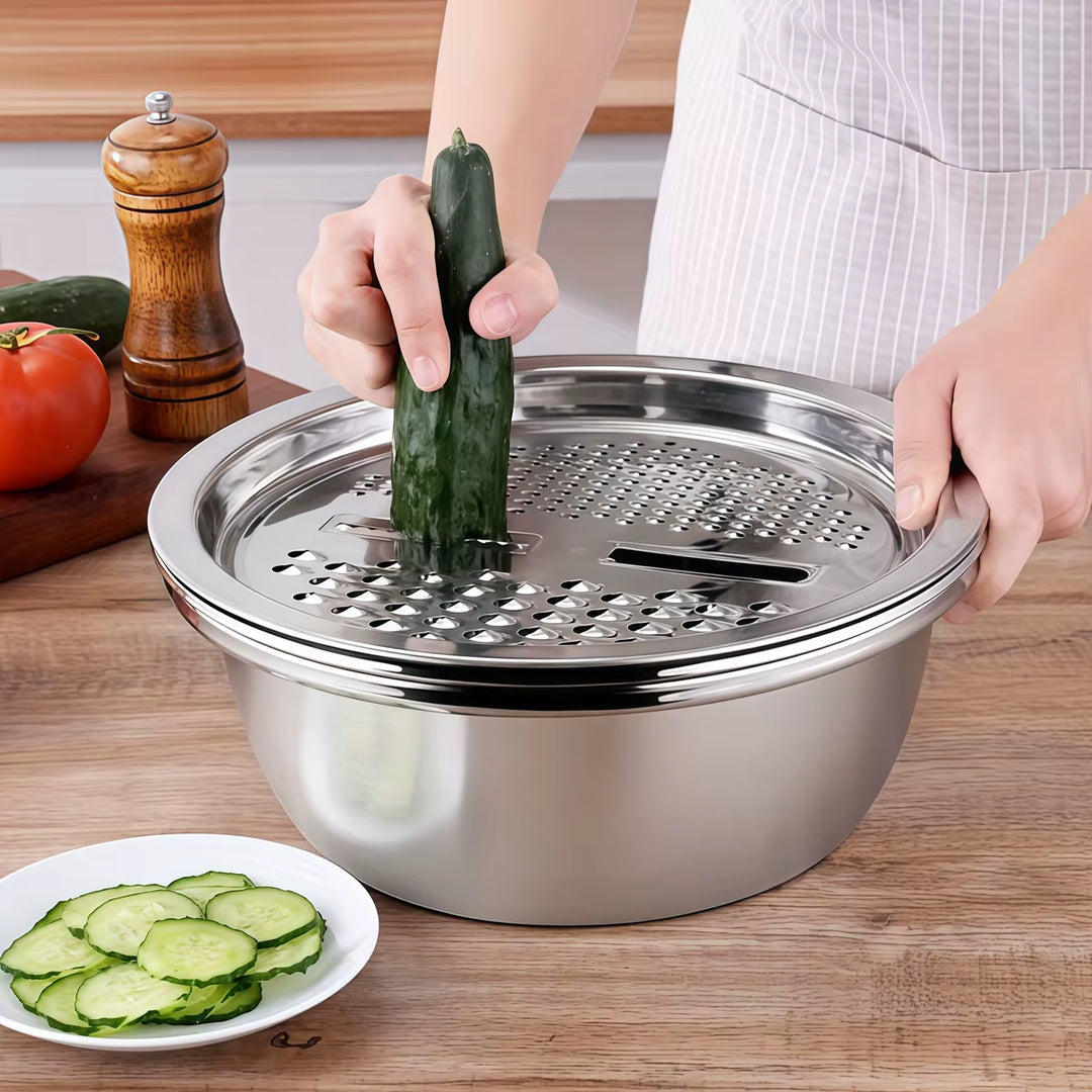 3-in-1 Stainless Steel Vegetable Strainer Slicer Cutter Grater – Drain Basket & Salad Bowl for Easy Prep & Cleanup | Essentials