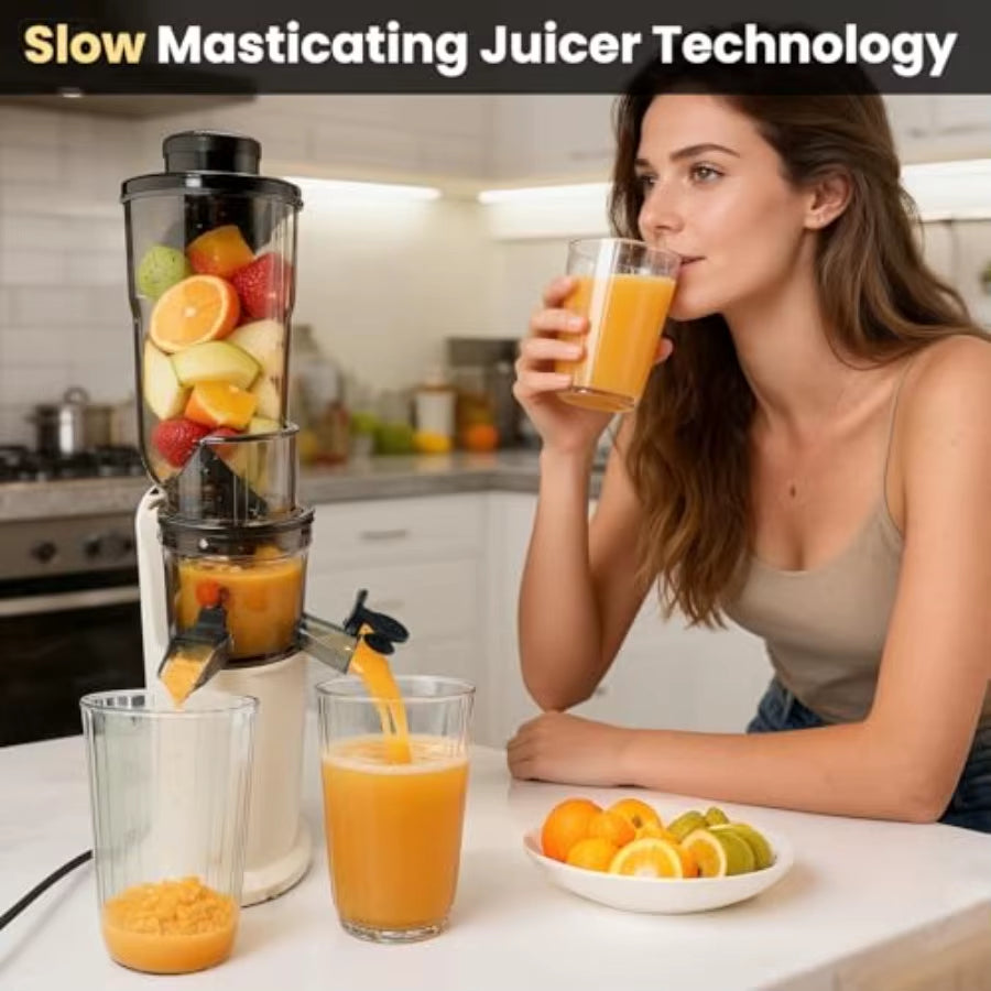 Cold Press Masticating Juicer - 150W Slow Juicer for High Yield Fresh Vegetable and Fruit Juice, 3.1 Inch Feed Chute | Essentials
