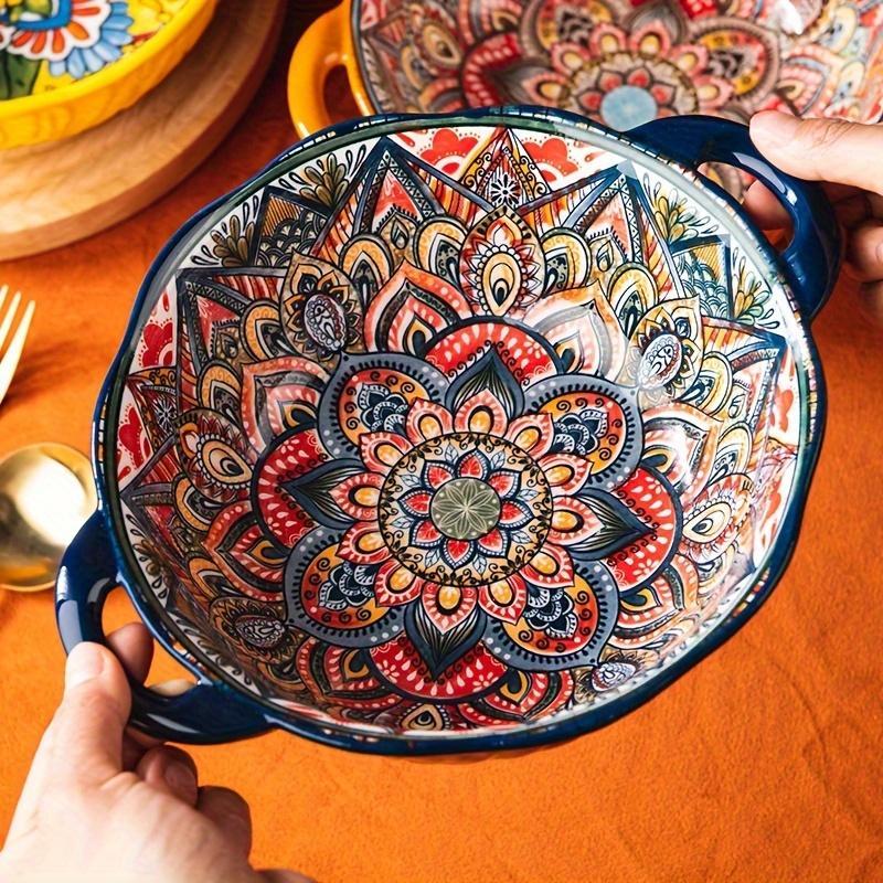 Boho Style Flower Pattern Bowl, Vintage Print Ceramic Soup Bowl, Household Tableware for Kitchen Dining Room