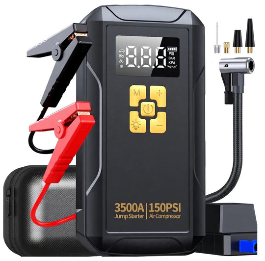 Portable Jump Starter with Air Compressor –3500A, 150PSI Tire Inflator, Power Bank & LED Light for Cars/Trucks | Essentials