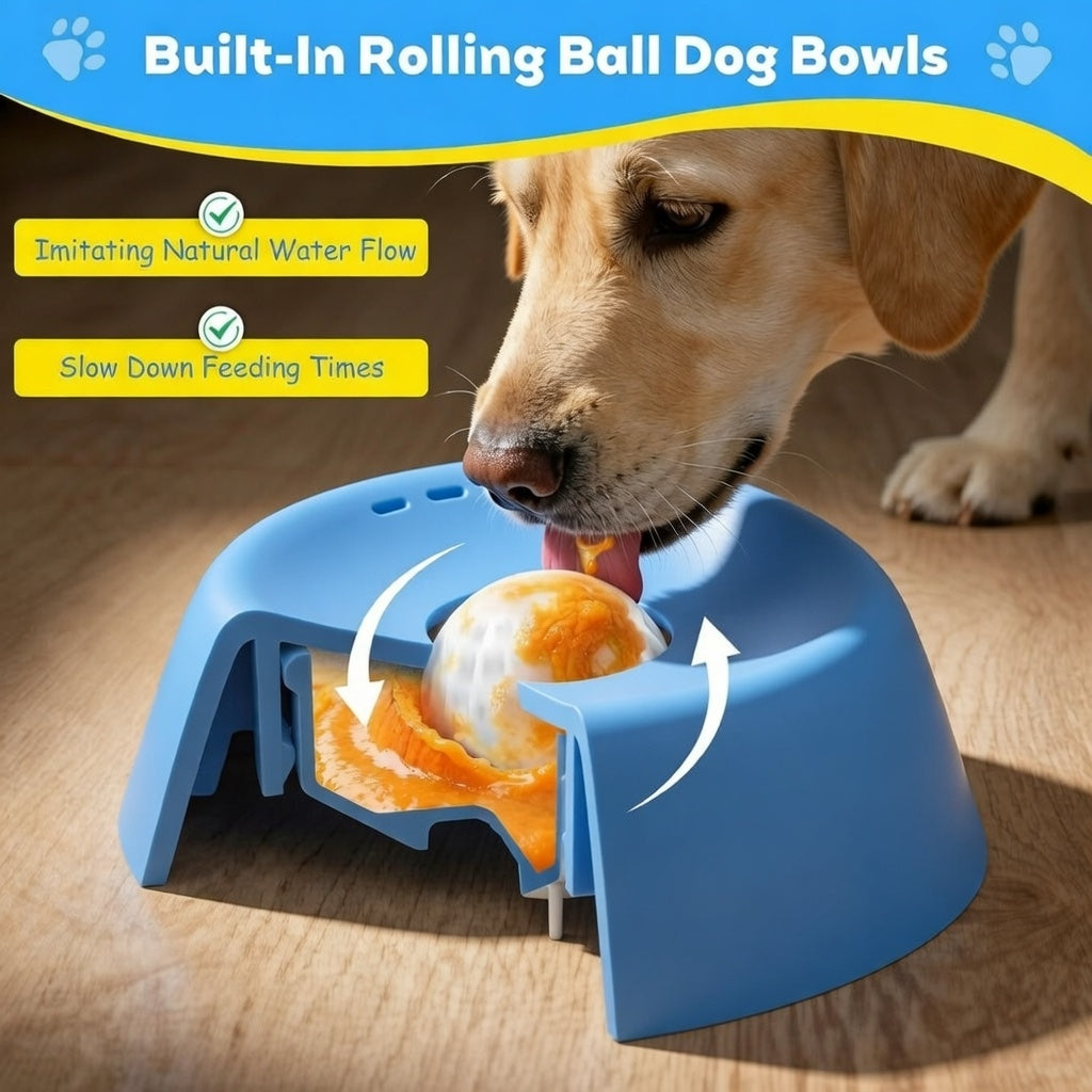 Slow Feeder Dog Bowl for Liquid Treats – Anti-Slip Interactive Lick Mat with Rolling Ball for Bone Broth, Yogurt & Supplements | Essentials