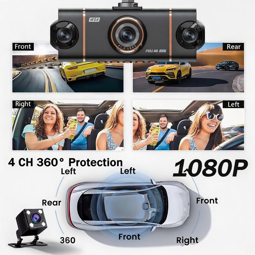 4-Channel Dash Cam – 1080P WiFi HD Car DVR with Front/Rear/Side Cameras, Night Vision & Parking Mode | Essentials