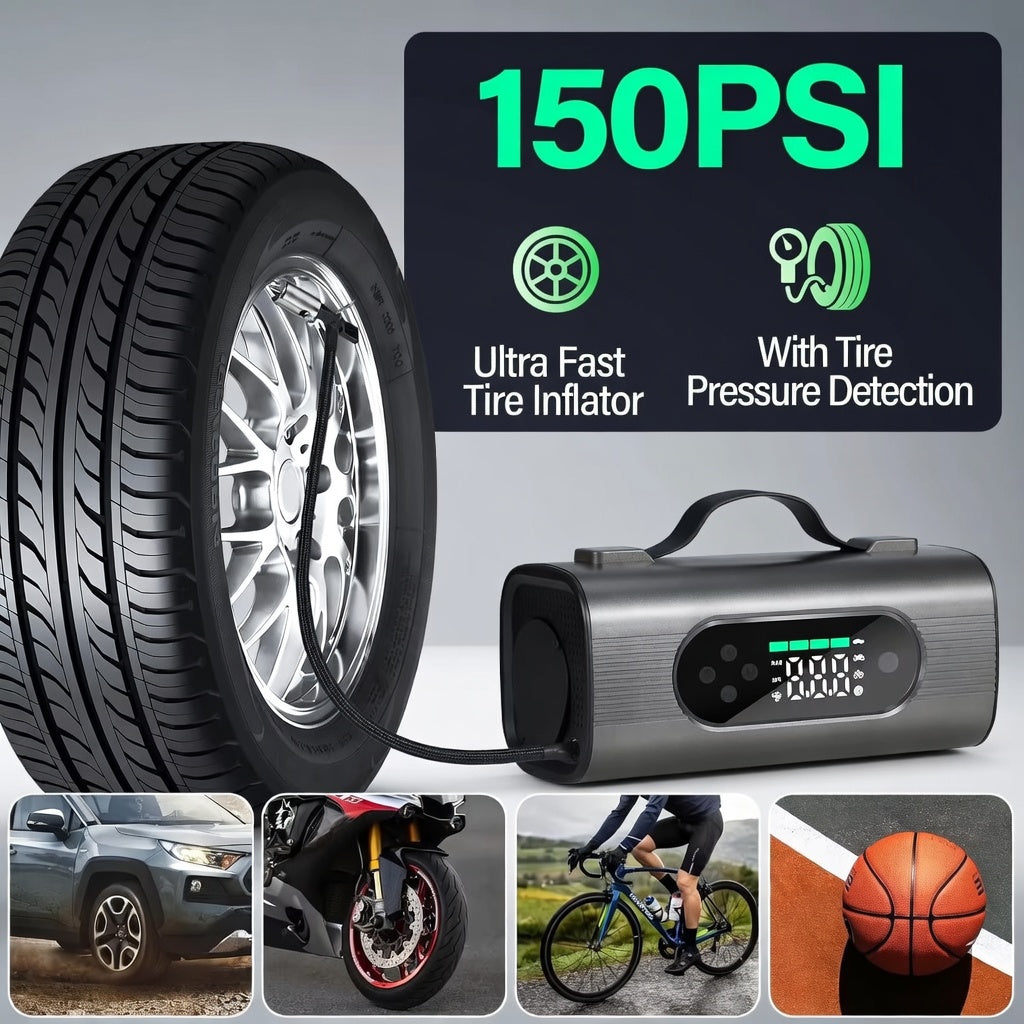 8-in-1 Portable Car Jump Starter with Air Compressor & Vacuum – 150PSI Tire Inflator, 12V Battery Booster & Wireless Cleaner | Essentials