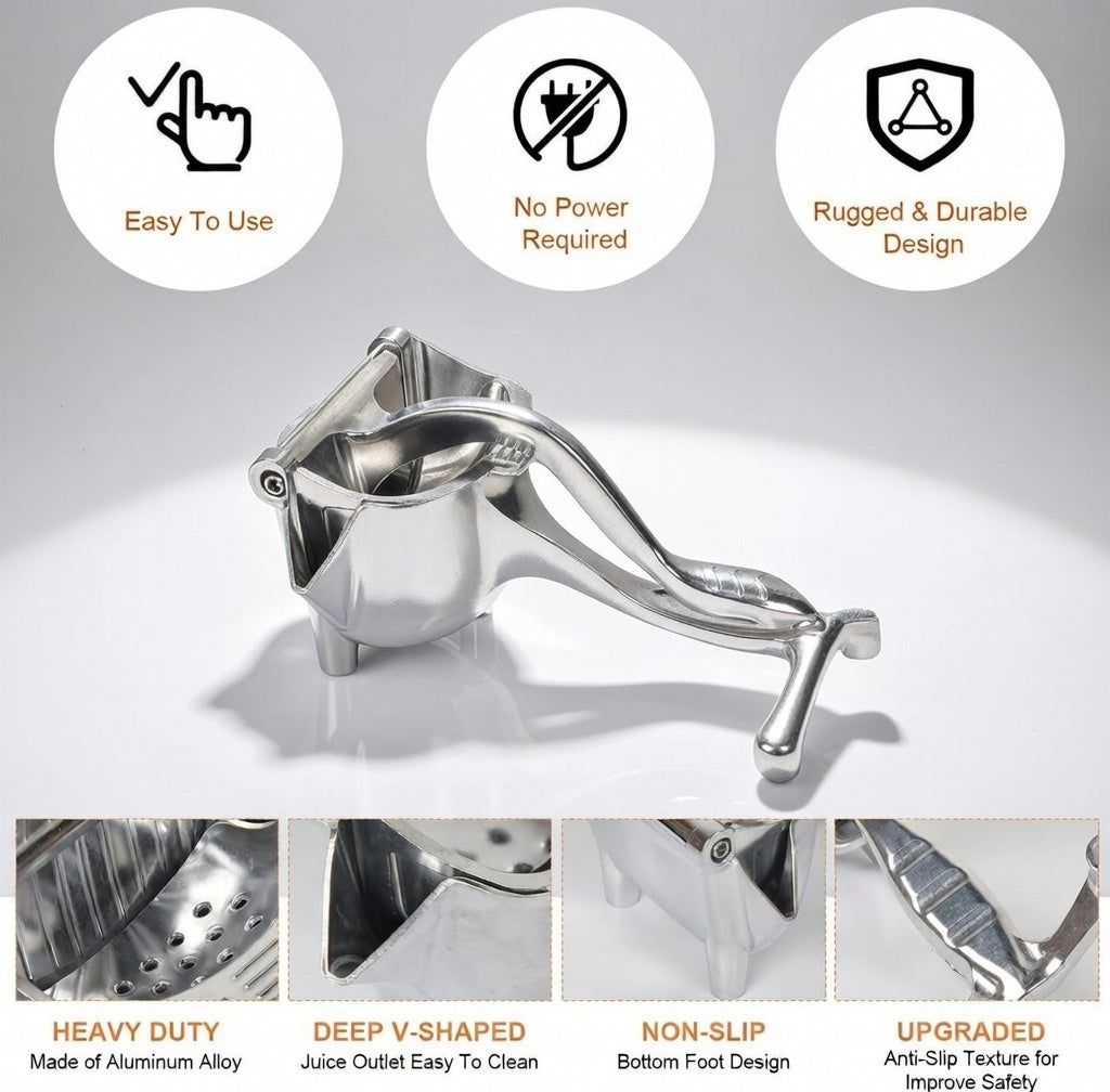 Manual Fruit Juicer – Aluminum Alloy Hand Press for Oranges, Lemons, Pomegranates & More | Essentials