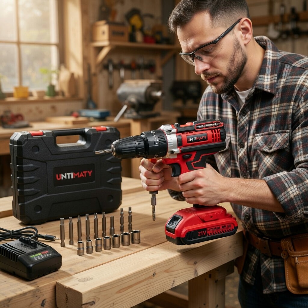 21V Cordless Power Drill Set – Drill Driver Kit with 2 Lithium-Ion Batteries, Charger, 3/8" Keyless Chuck & 32pc Bits | Essentials