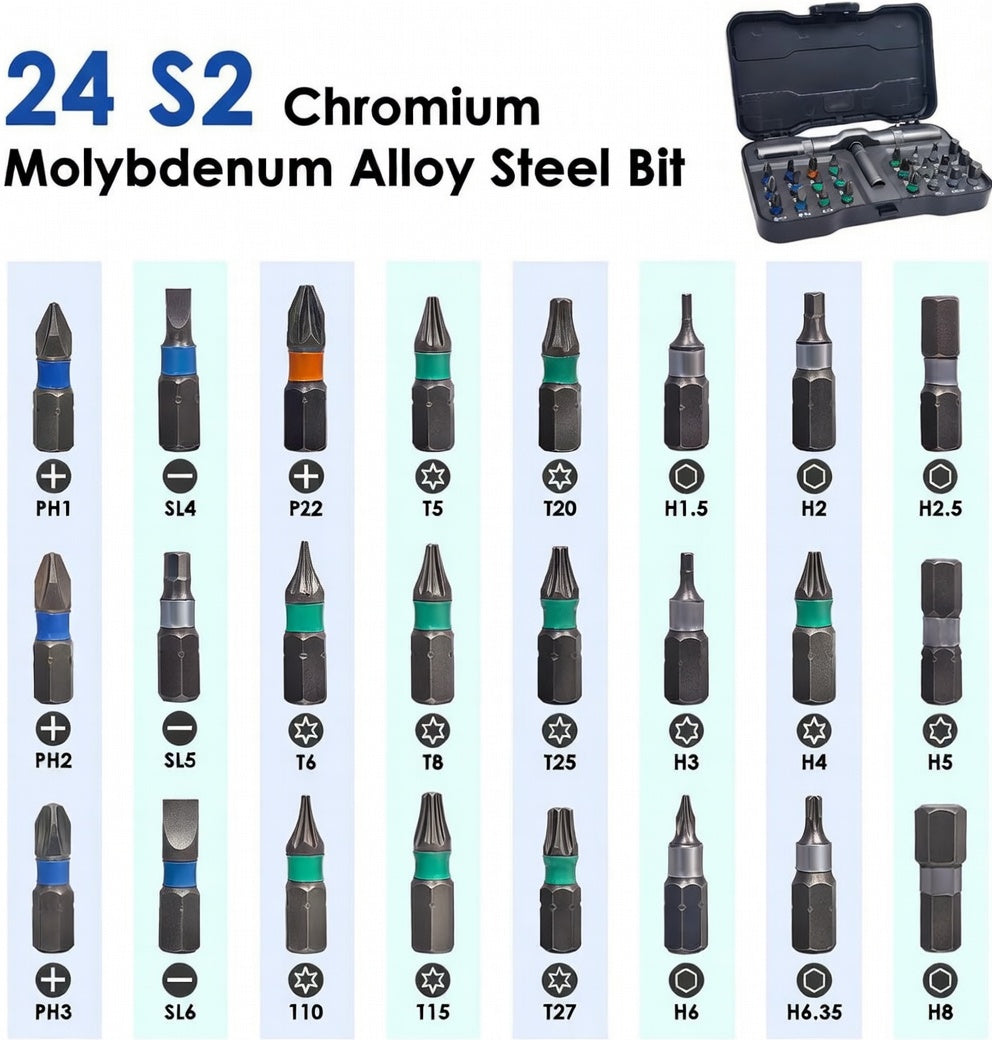 24-in-1 Magnetic Ratchet Screwdriver Set – Compact Portable Multi-Bit Tool with Reversible High-Torque Handle | Essentials