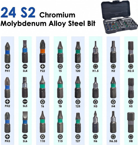 24-in-1 Magnetic Ratchet Screwdriver Set – Compact Portable Multi-Bit Tool with Reversible High-Torque Handle | Essentials