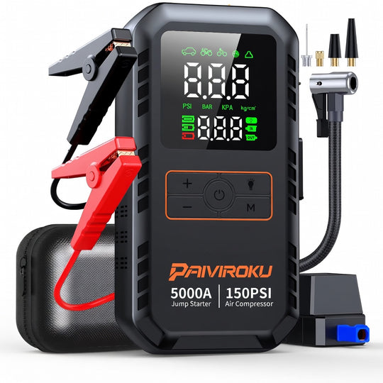 Portable Jump Starter with Air Compressor –3500A, 150PSI Tire Inflator, Power Bank & LED Light for Cars/Trucks | Essentials