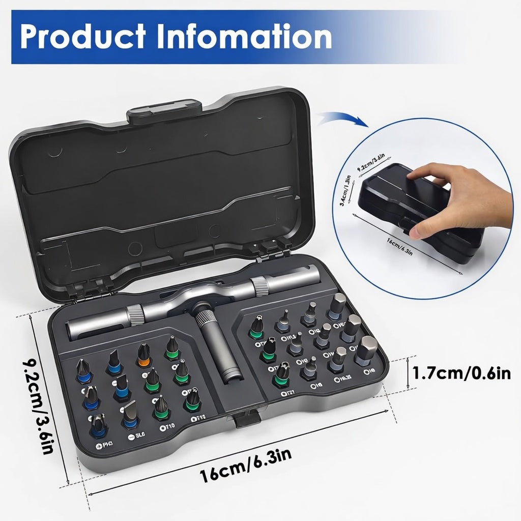 24-in-1 Magnetic Ratchet Screwdriver Set – Compact Portable Multi-Bit Tool with Reversible High-Torque Handle | Essentials