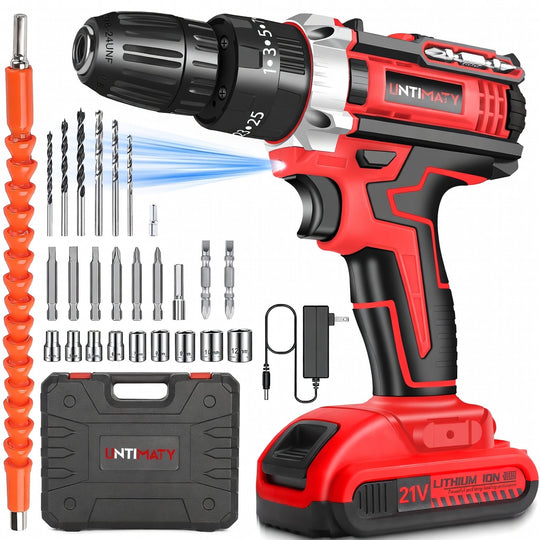21V Cordless Power Drill Set – Drill Driver Kit with 2 Lithium-Ion Batteries, Charger, 3/8" Keyless Chuck & 32pc Bits | Essentials